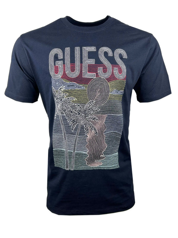 Guess Mens SS CN Palm Embroidered T - Shirt Navy Northern Ireland