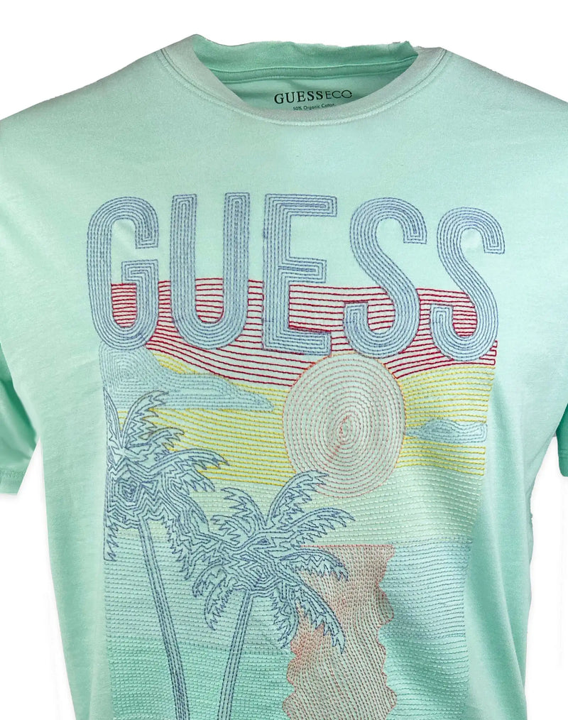 Guess Mens SS CN Palm Embroidered T - Shirt Soft Aqua Northern