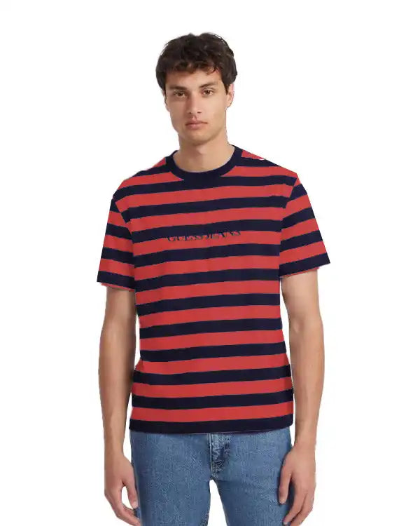 GUESS Mens Striped Logo T Shirt Navy Red