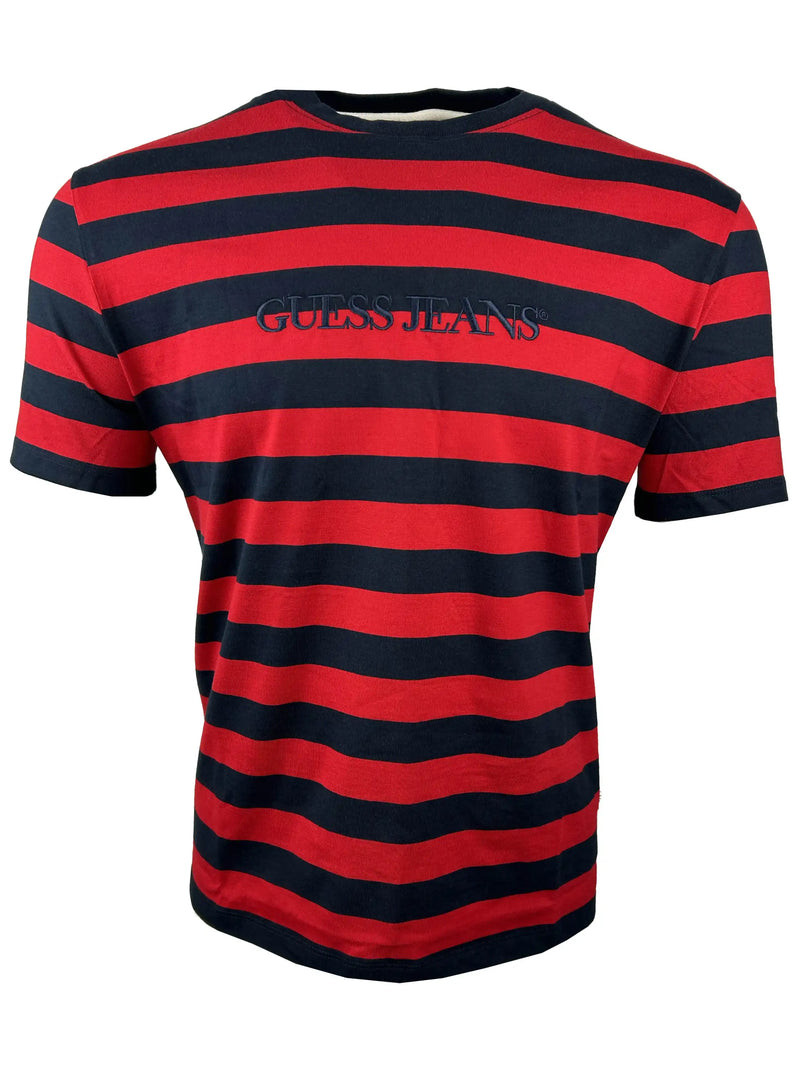 GUESS Mens Striped Logo T Shirt Navy Red