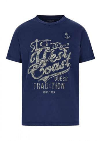 Guess Men’s West Coast Treated T - Shirt Mohave Stone Blue Northern