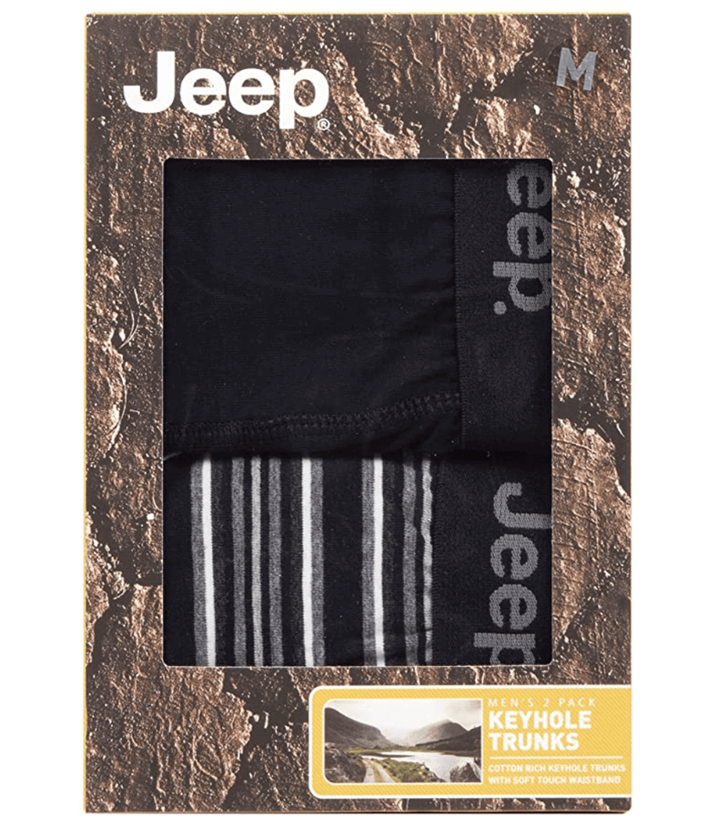 Jeep Plain and Striped Cotton Keyhole Opening Boxer Trunks 2 Pack - Black