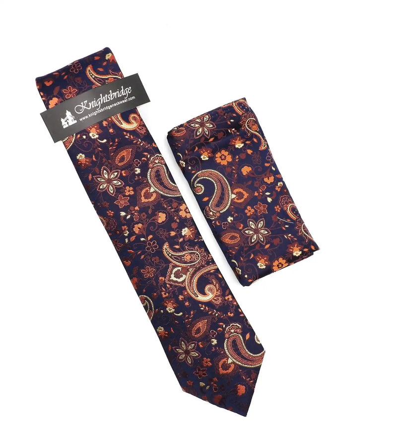 Knightbridge Tie & Pocket Square Set Orange/Navy Floral Northern