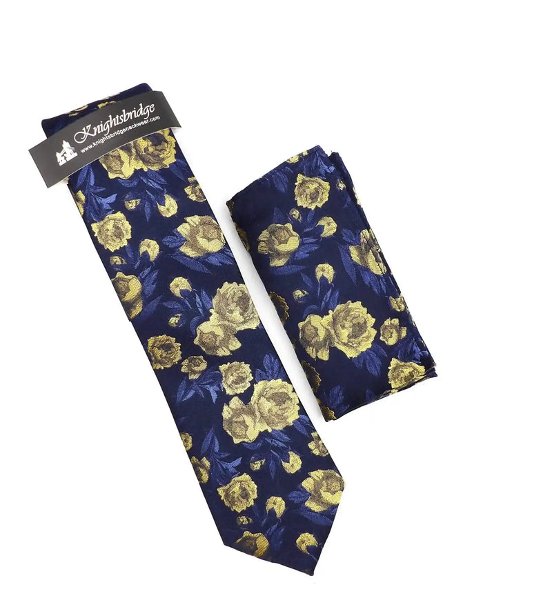 Knightbridge Tie & Pocket Square Set Yellow/Navy Floral Northern