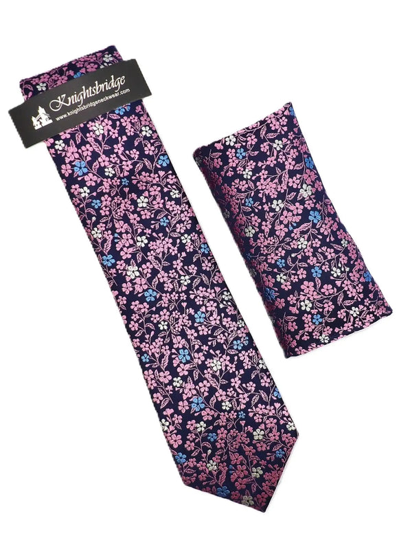 Knightsbridge Tie & Pocket Square Set Navy/Pink Floral Northern