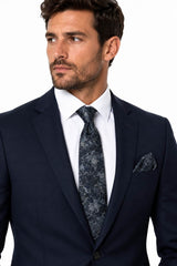 Remus Uomo Men’s Abstract Tie & Pocket Square Set Navy & Silver