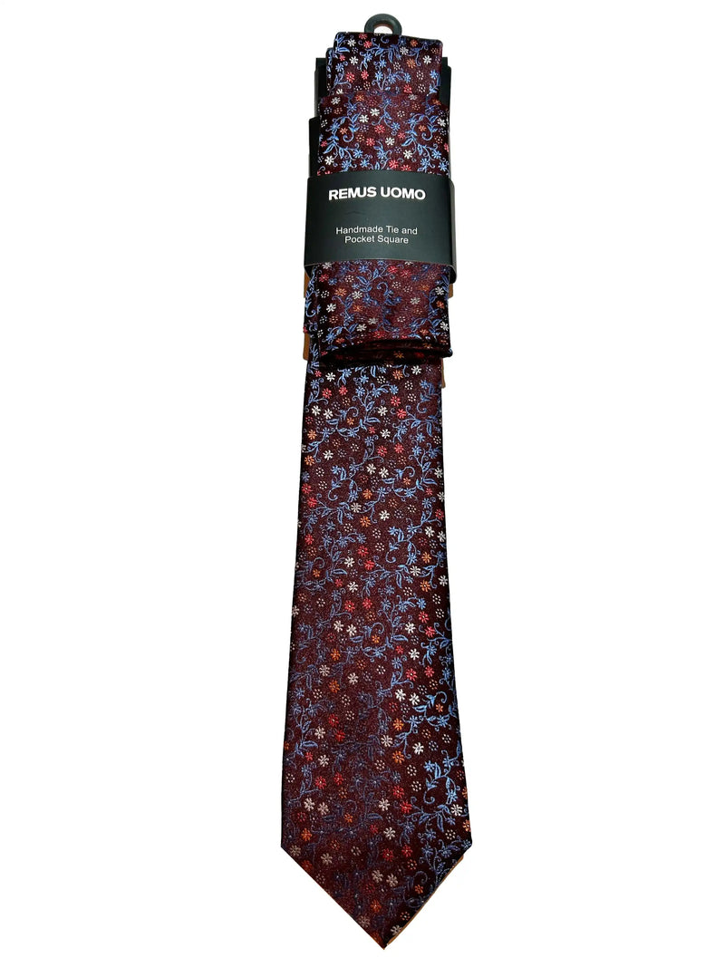 Remus Uomo Mens Tie & Pocket Square Set Dark Red Northern Ireland