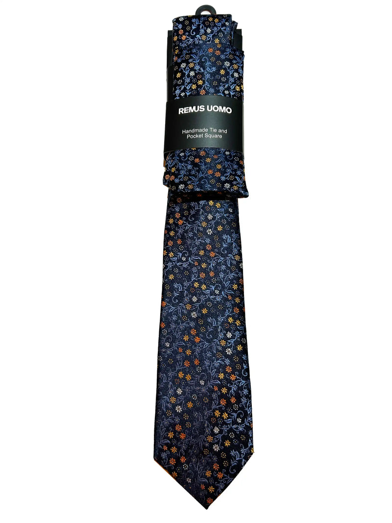 Remus Uomo Mens Tie & Pocket Square Set Navy/Orange Northern Ireland