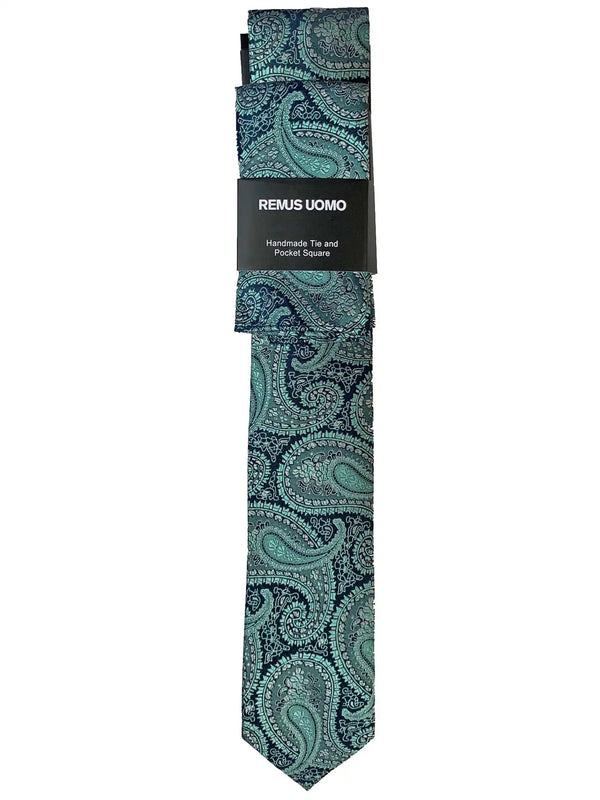 Remus Uomo Silk Tie & Pocket Square Set Green - Neckties