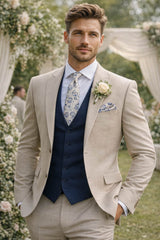 Remus Uomo Tie & Pocket Square Set Beige/Blue Floral Northern Ireland