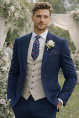 Remus Uomo Tie & Pocket Square Set Light Navy/Red Floral Northern