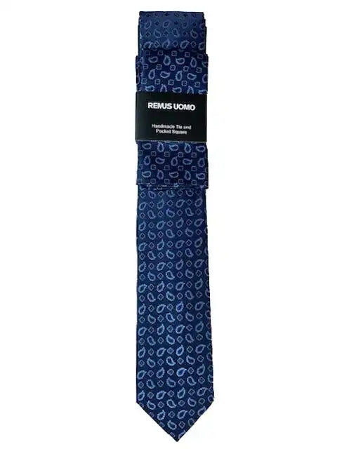 Remus Uomo Tie & Pocket Square Set Navy/Blue - Neckties