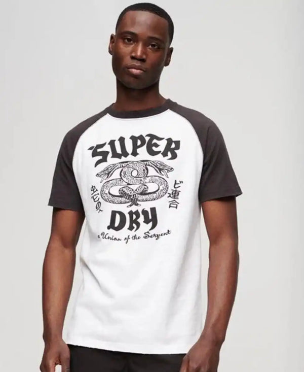 Superdry Mens Blackout Rock Graphic Raglan T-Shirt White/Grey Northern