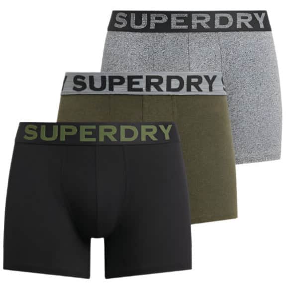 Superdry Mens Boxers 3 Pack Underwear Asphalt Grit/Winter Khaki/Black