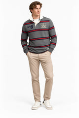 Superdry Mens Double Emblem Stripe Rugby Top Antique Grey Marl Stripe