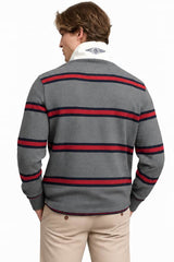 Superdry Mens Double Emblem Stripe Rugby Top Antique Grey Marl Stripe