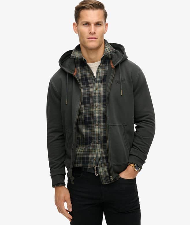 Superdry Mens Essential Logo Washed Zip Hoodie Washed Black Northern