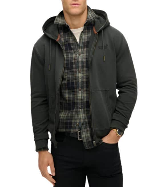 Superdry Mens Essential Logo Washed Zip Hoodie Washed Black Northern