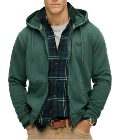Superdry Mens Essential Logo Washed Zip Hoodie Forest Green