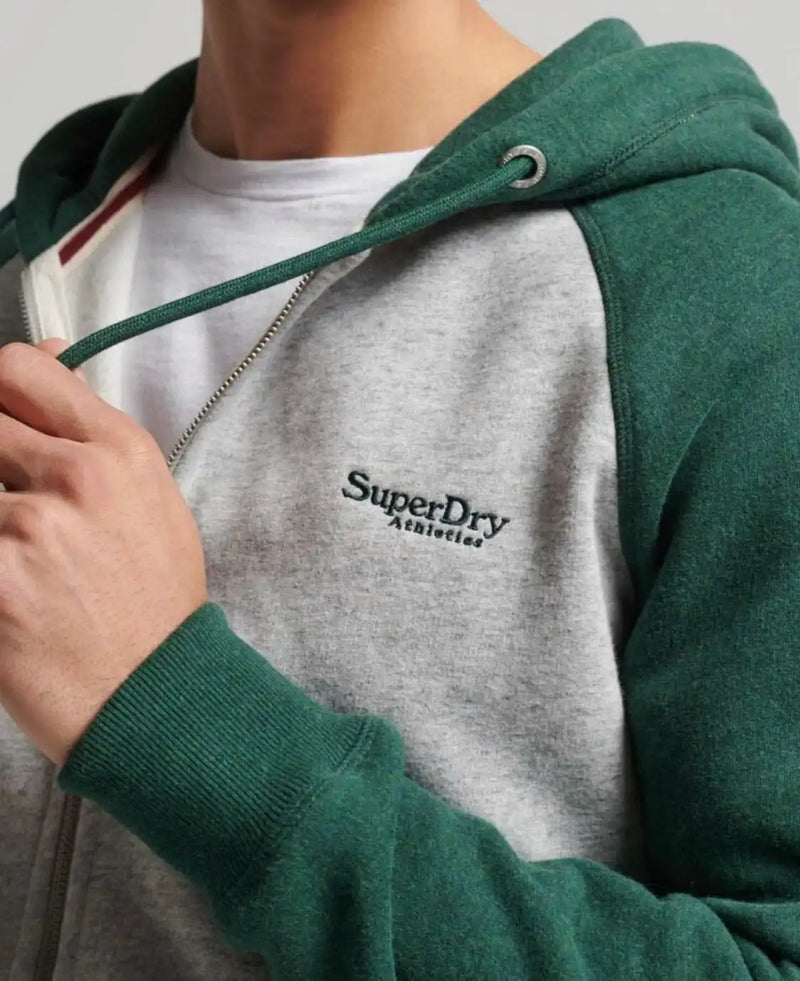 Superdry Mens Essential Zip Baseball Hoodie Athletic Grey/Campus Green