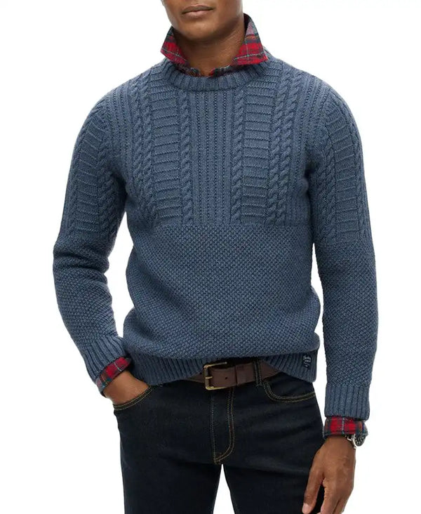 Superdry Mens Jacob Cable Knit Crew Neck Jumper Denim Blue Northern