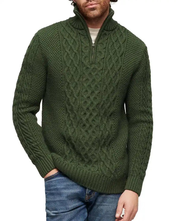 Superdry Mens Jacob Cable Knit Half Zip Sweater Duffle Bag Green