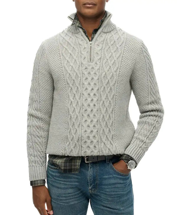 Superdry Mens Jacob Henley Cable Knit Jumper Mid Grey Northern