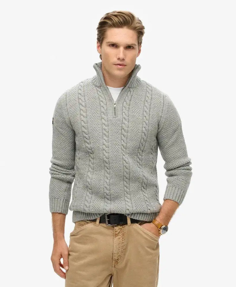 Superdry Mens Jacob Henley Cable Knit Jumper Mid Grey Northern