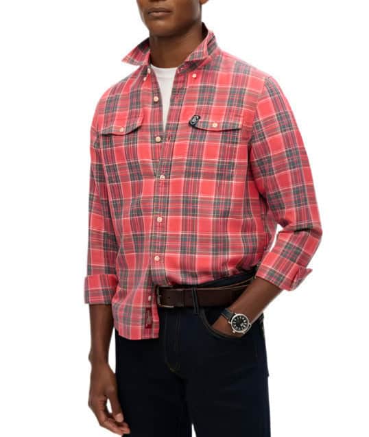 Superdry Mens Merchant Linen Check Shirt Red Check Northern Ireland