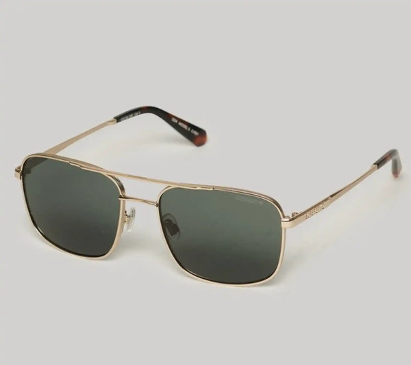 Superdry Mens Square Metal Aviator Sunglasses Light Gold/Green Lens