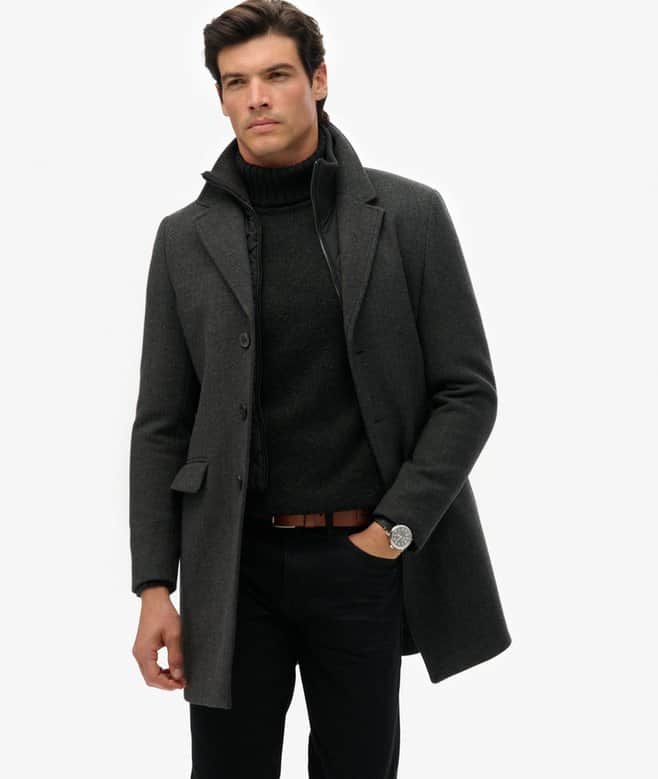 Superdry Mens Tailored 2 in 1 Town Coat Overcoat Dark Grey
