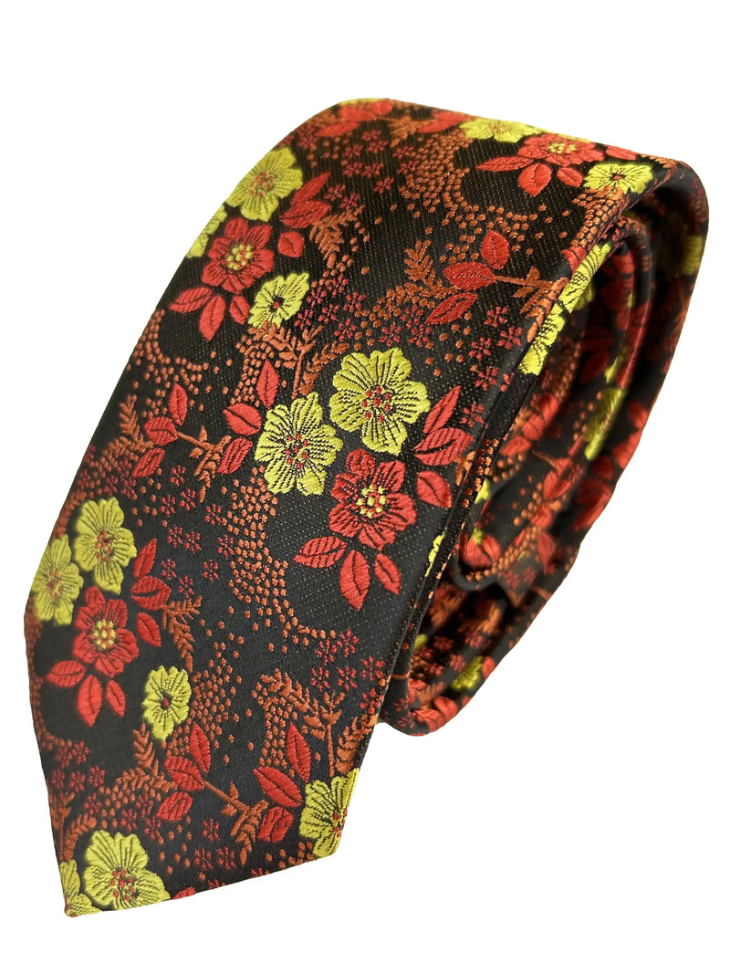 Vichi Mens Tie & Pocket Square Set Floral Orange/Yellow Ballynahinch