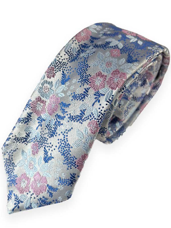 Vichi Mens Tie & Pocket Square Set Floral Silver/Blue/Pink