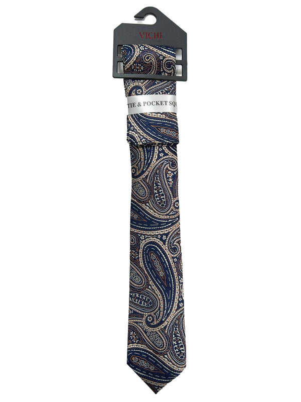 Vichi Tie & Pocket Square Set Navy/Brown Paisley Northern Ireland