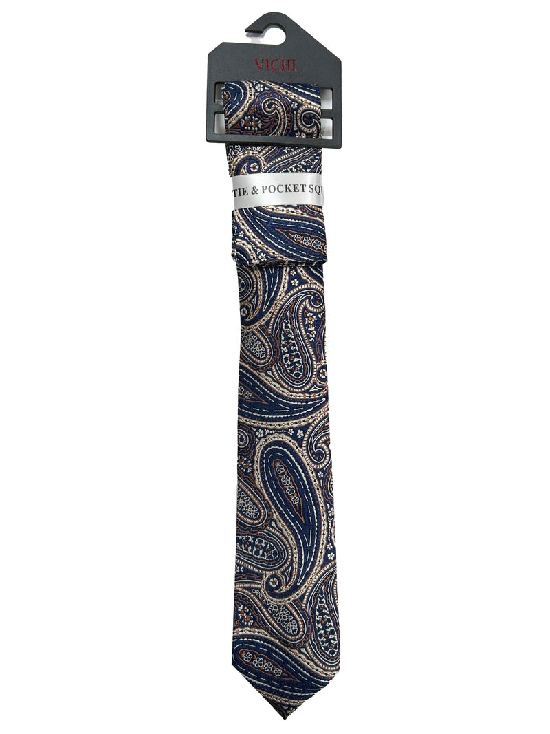 Vichi Tie & Pocket Square Set Navy/Brown Paisley Northern Ireland