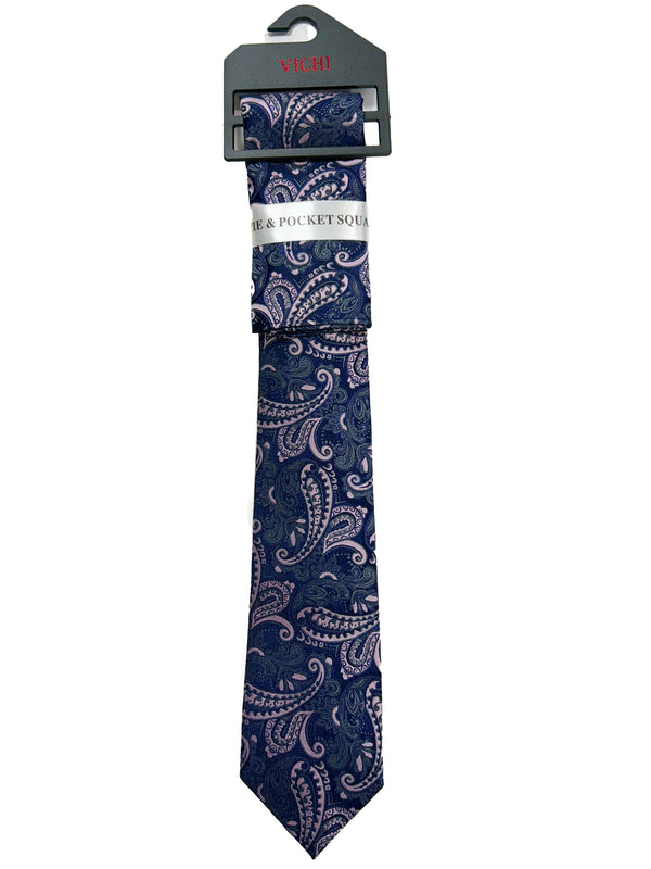 Vichi Tie & Pocket Square Set Navy/Pink Paisley Northern Ireland