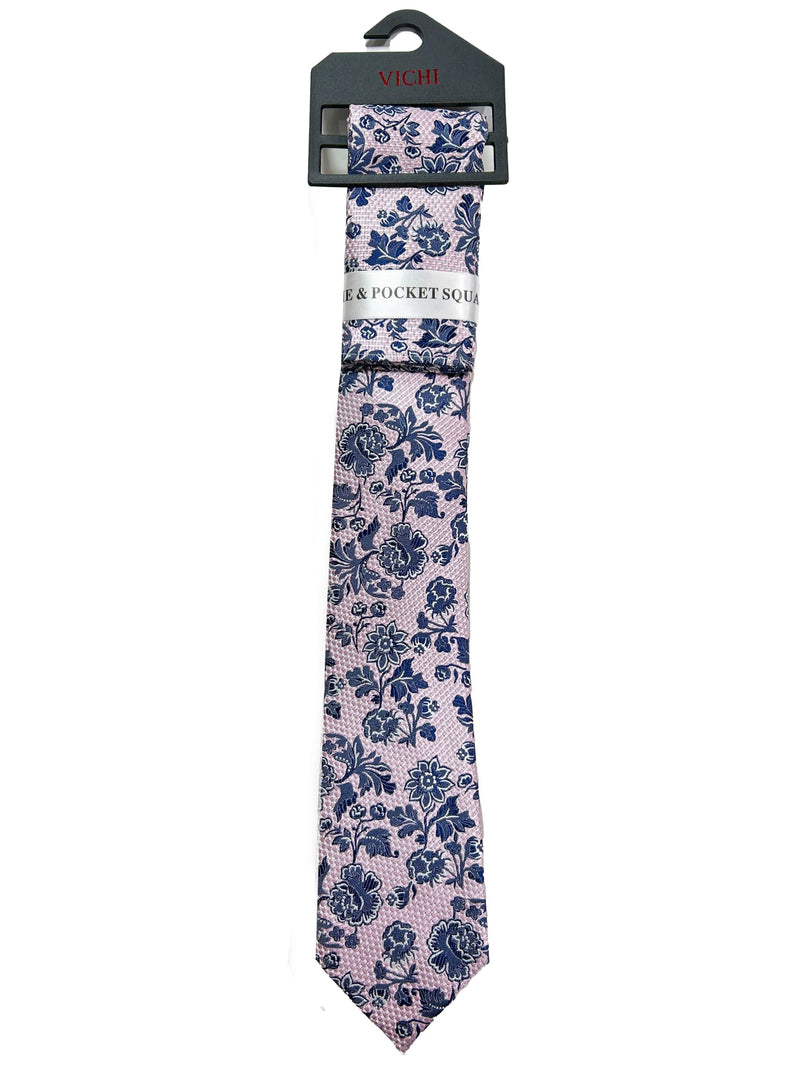 Vichi Tie & Pocket Square Set Pink/Navy Floral Northern Ireland