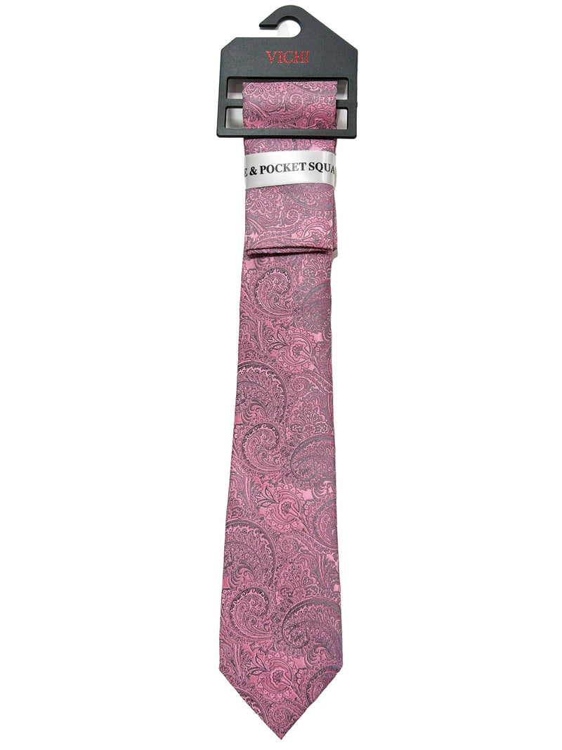 Vichi Tie & Pocket Square Set Pink/Silver Paisley Northern Ireland