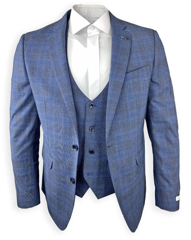 White Label Suit Tapered Fit Prince Of Wales Check 3 Piece Blue